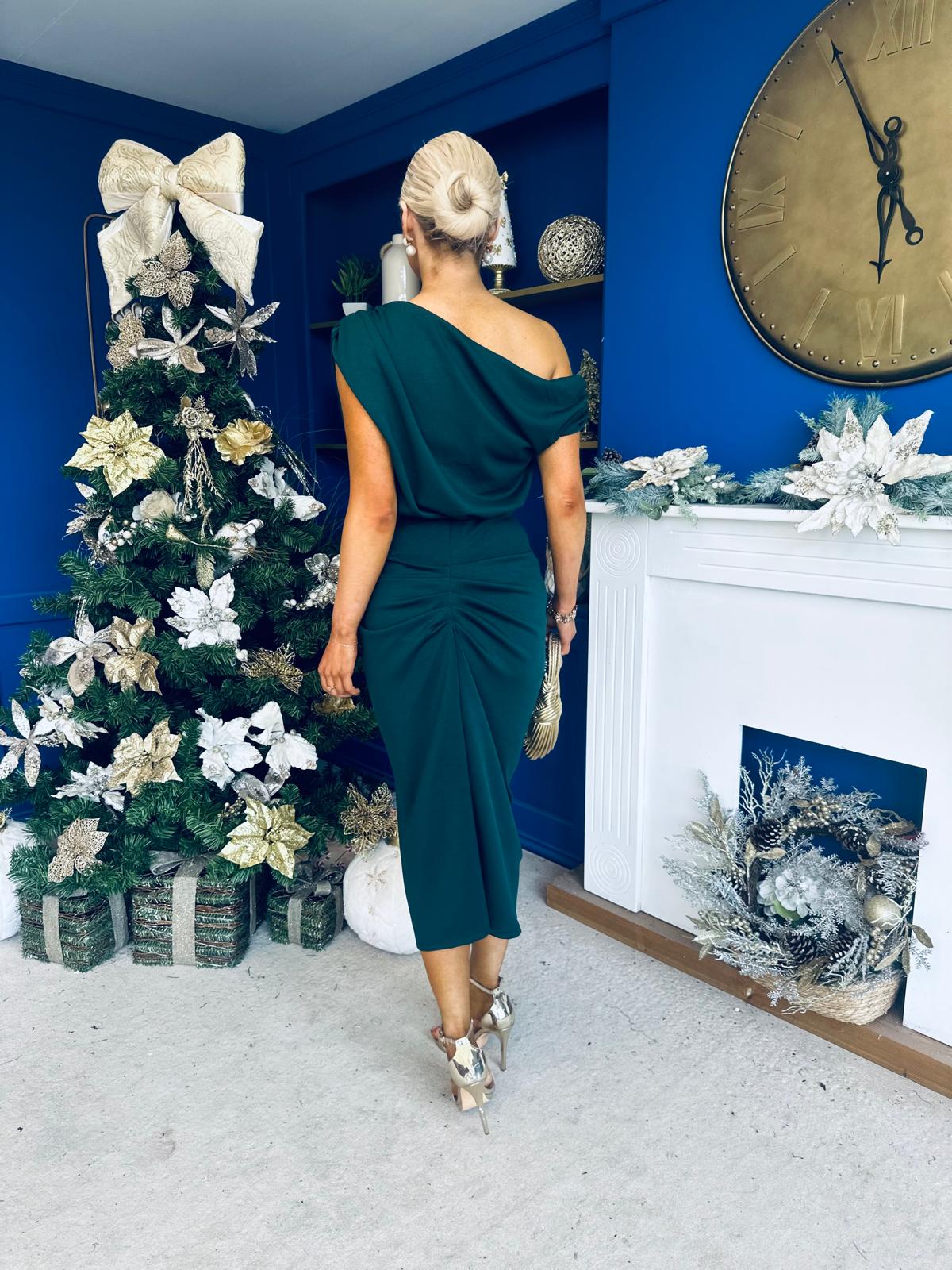 Riadh Gathered Detail Occasion Dress Forest