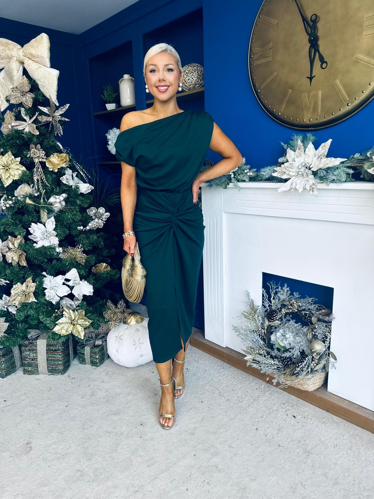 Riadh Gathered Detail Occasion Dress Forest