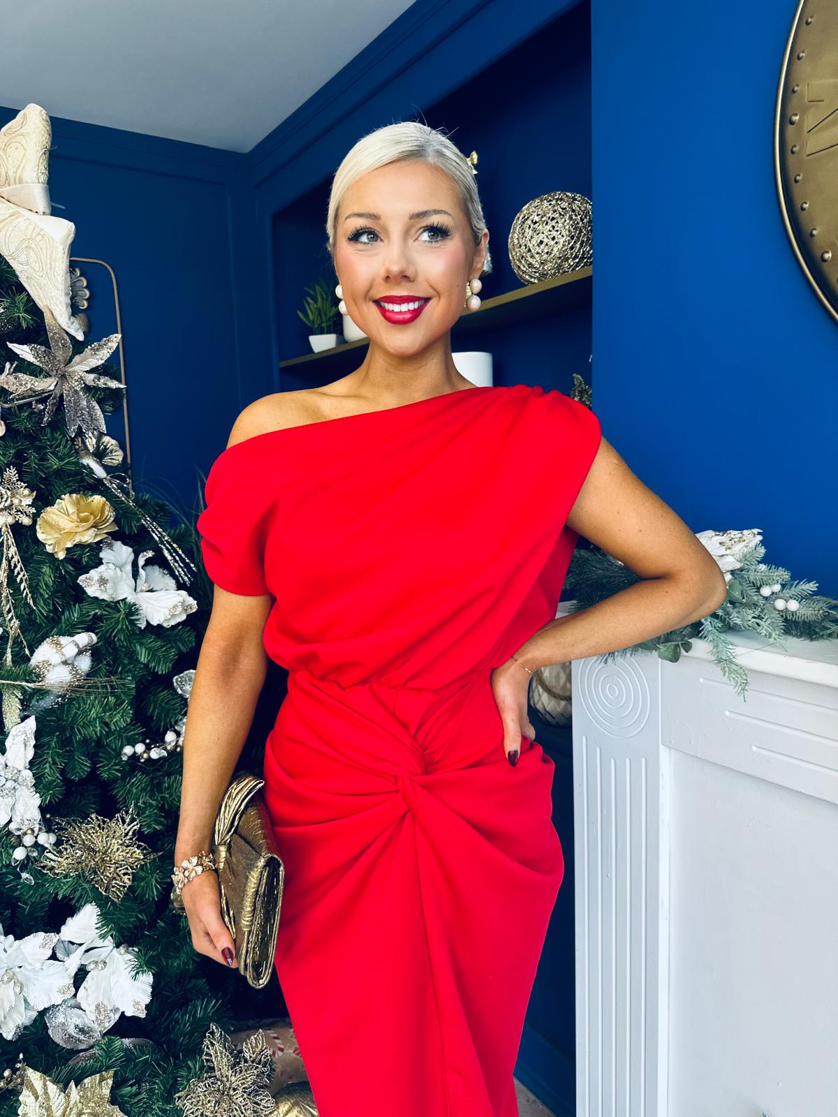 Riadh Gathered Detail Occasion Dress Red