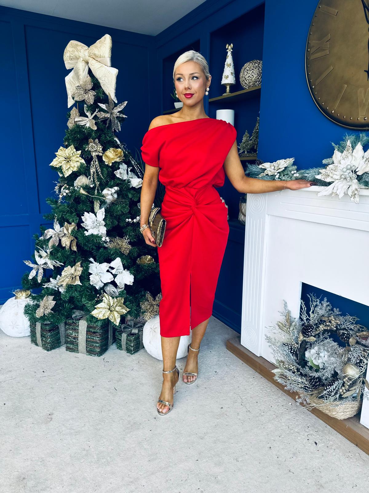 Riadh Gathered Detail Occasion Dress Red