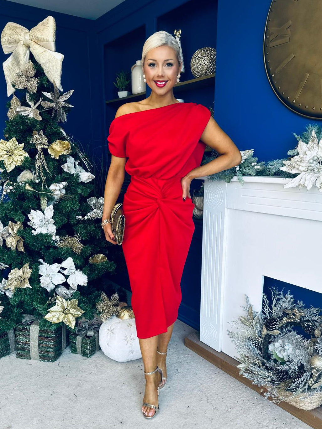 Riadh Gathered Detail Occasion Dress Red