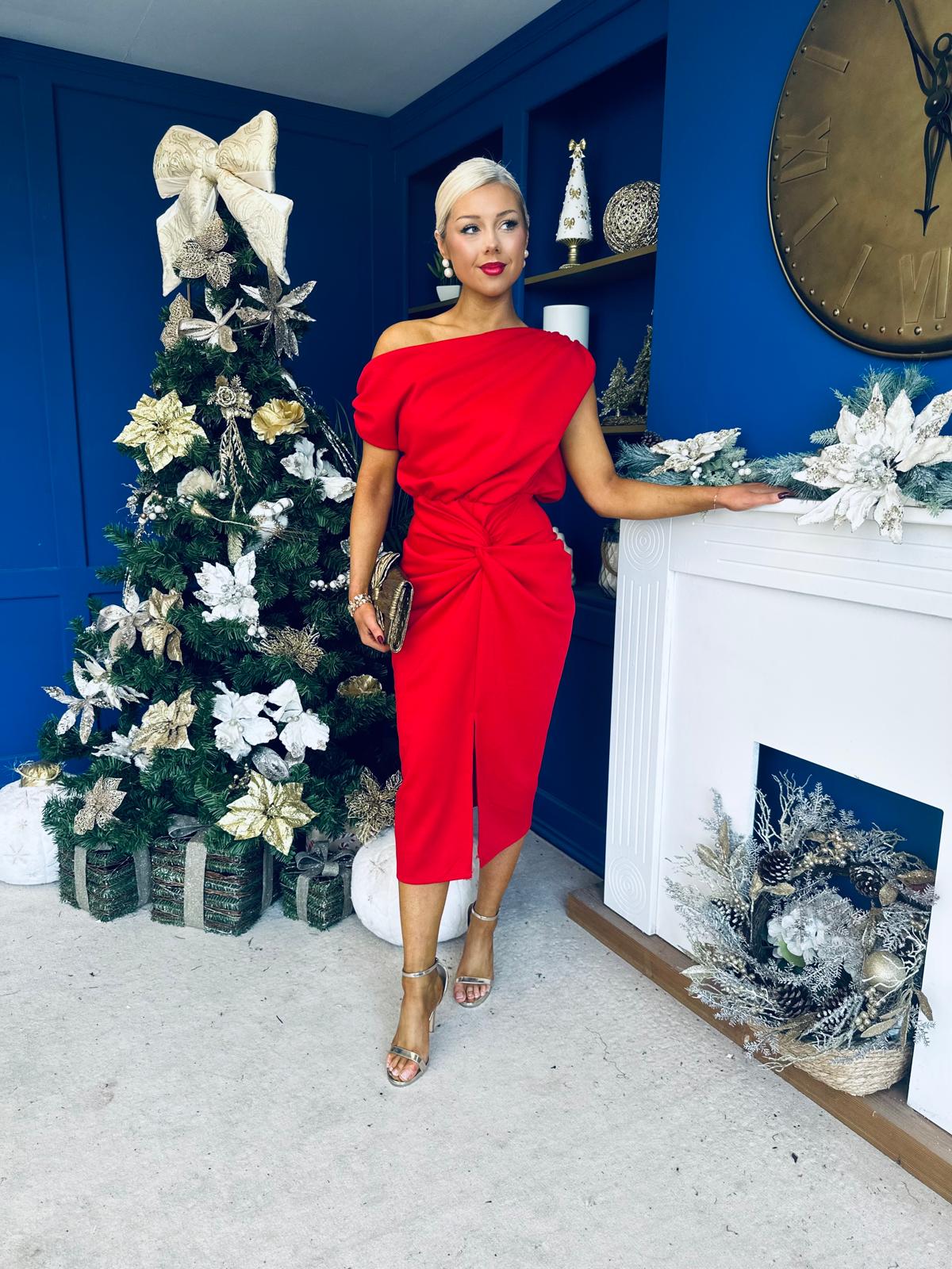 Riadh Gathered Detail Occasion Dress Red