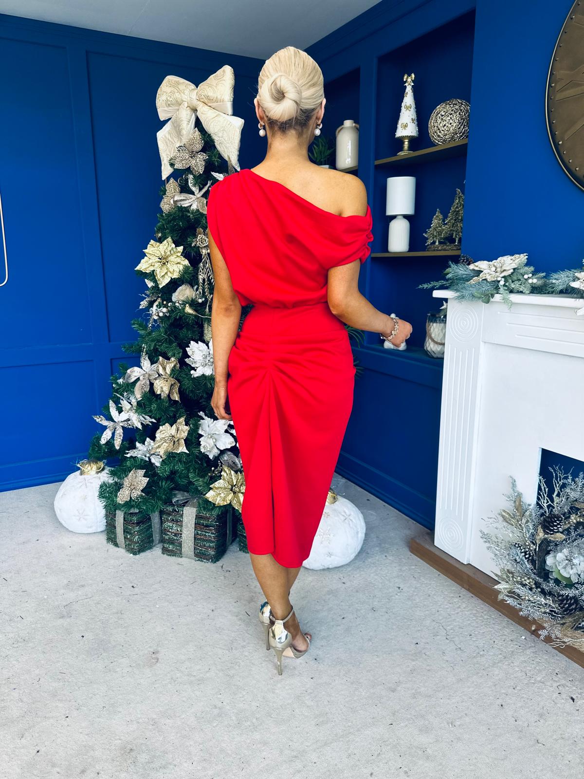 Riadh Gathered Detail Occasion Dress Red