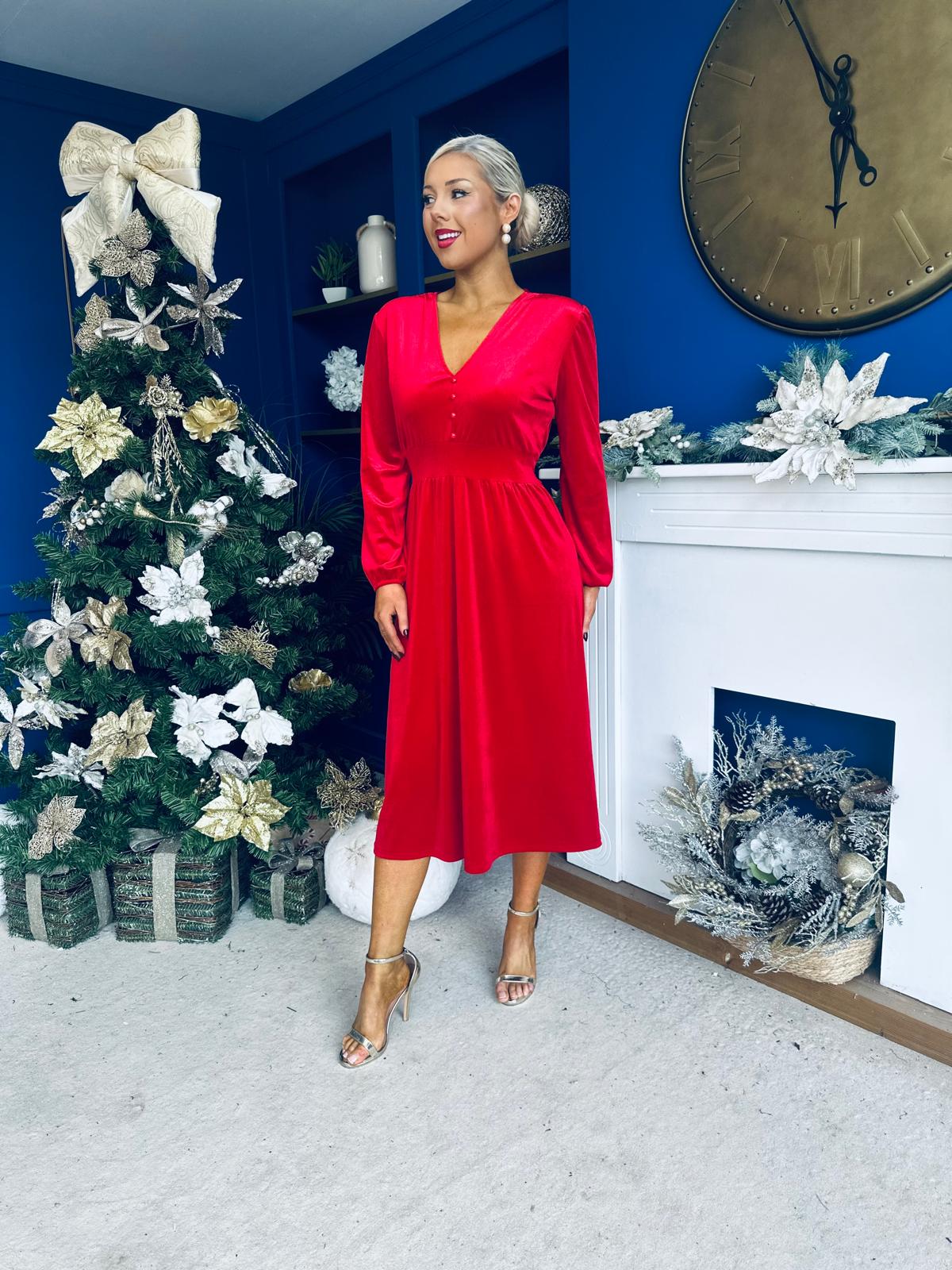 Blaithin Button Detail Detail Midi Dress Velvet Red