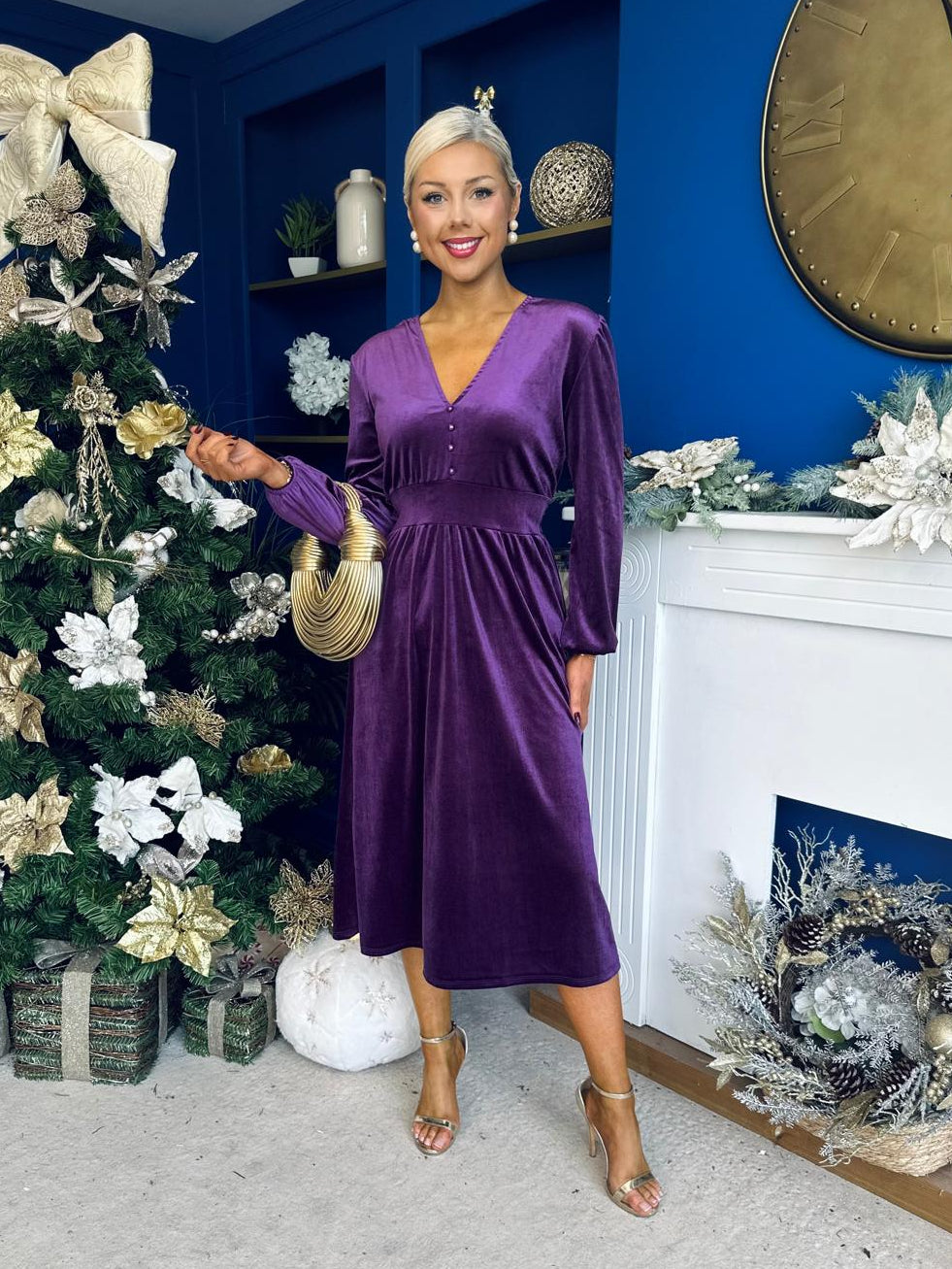 Blaithin Button Detail Detail Midi Dress Velvet Violet