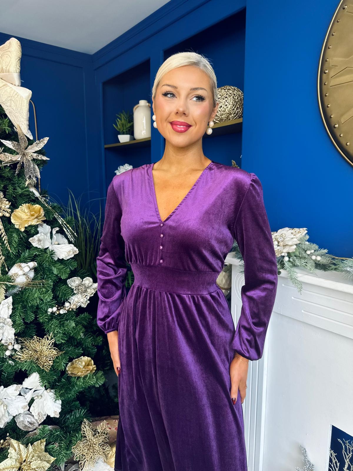 Blaithin Button Detail Detail Midi Dress Velvet Violet