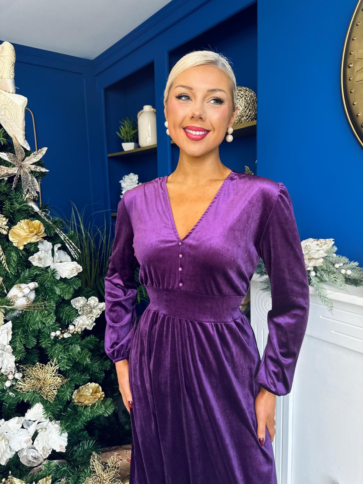 Blaithin Button Detail Detail Midi Dress Velvet Violet