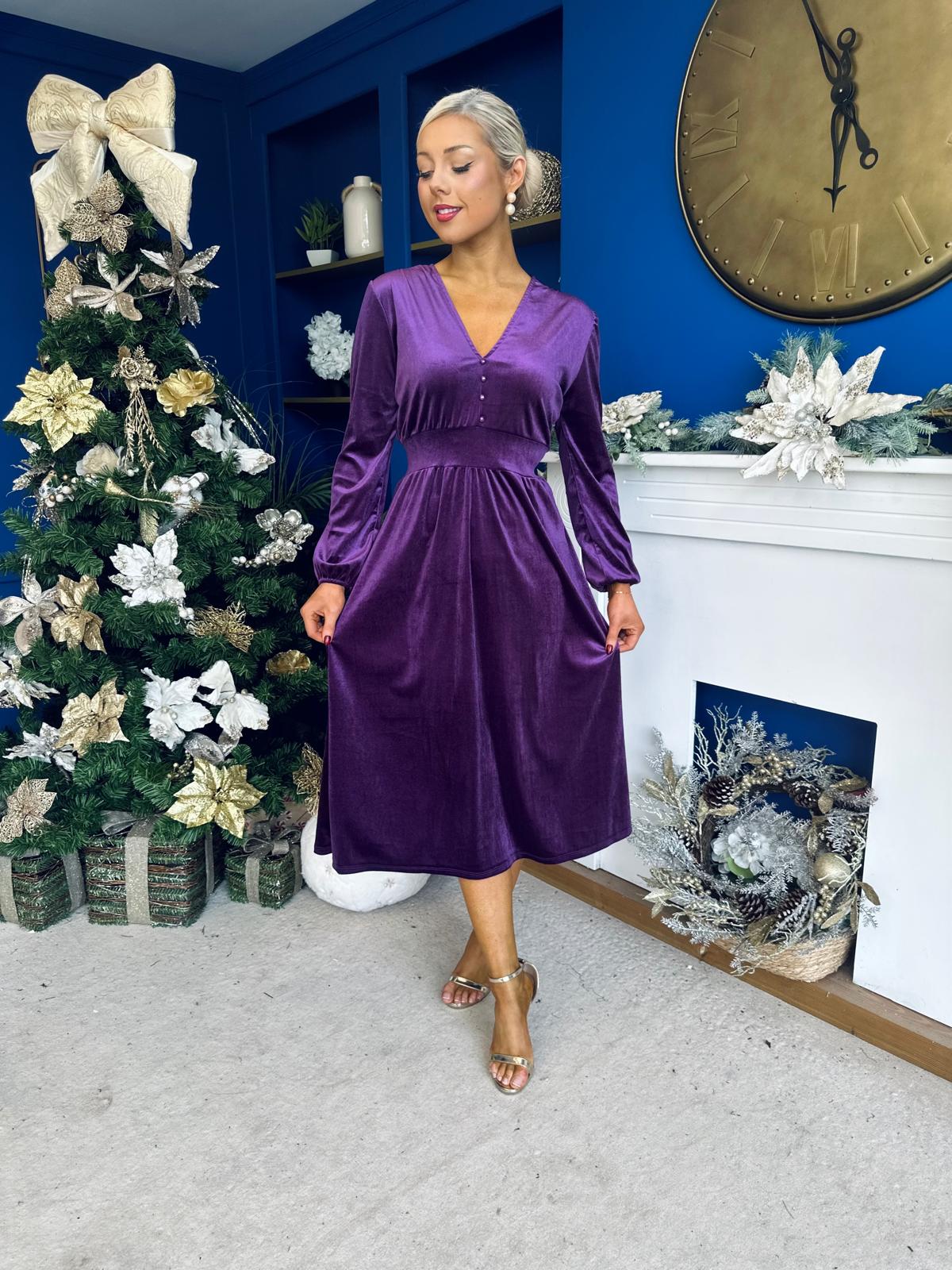 Blaithin Button Detail Detail Midi Dress Velvet Violet