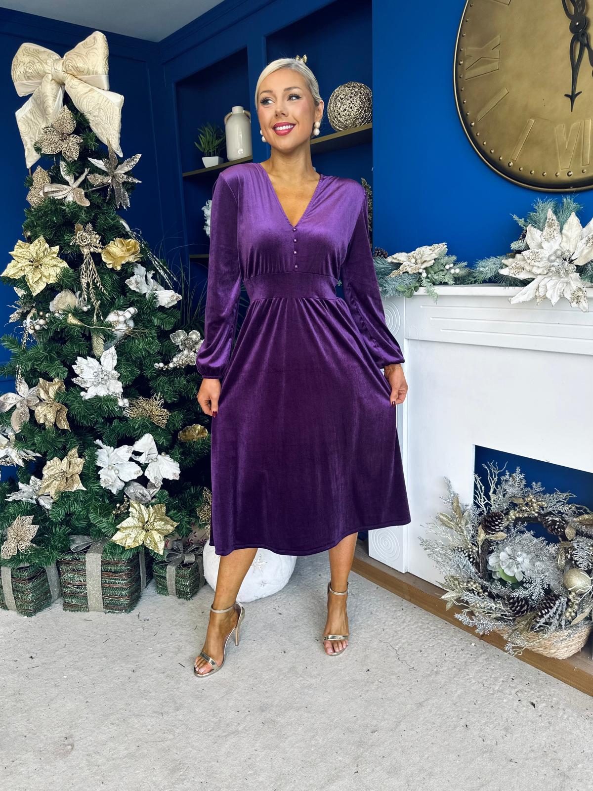 Blaithin Button Detail Detail Midi Dress Velvet Violet