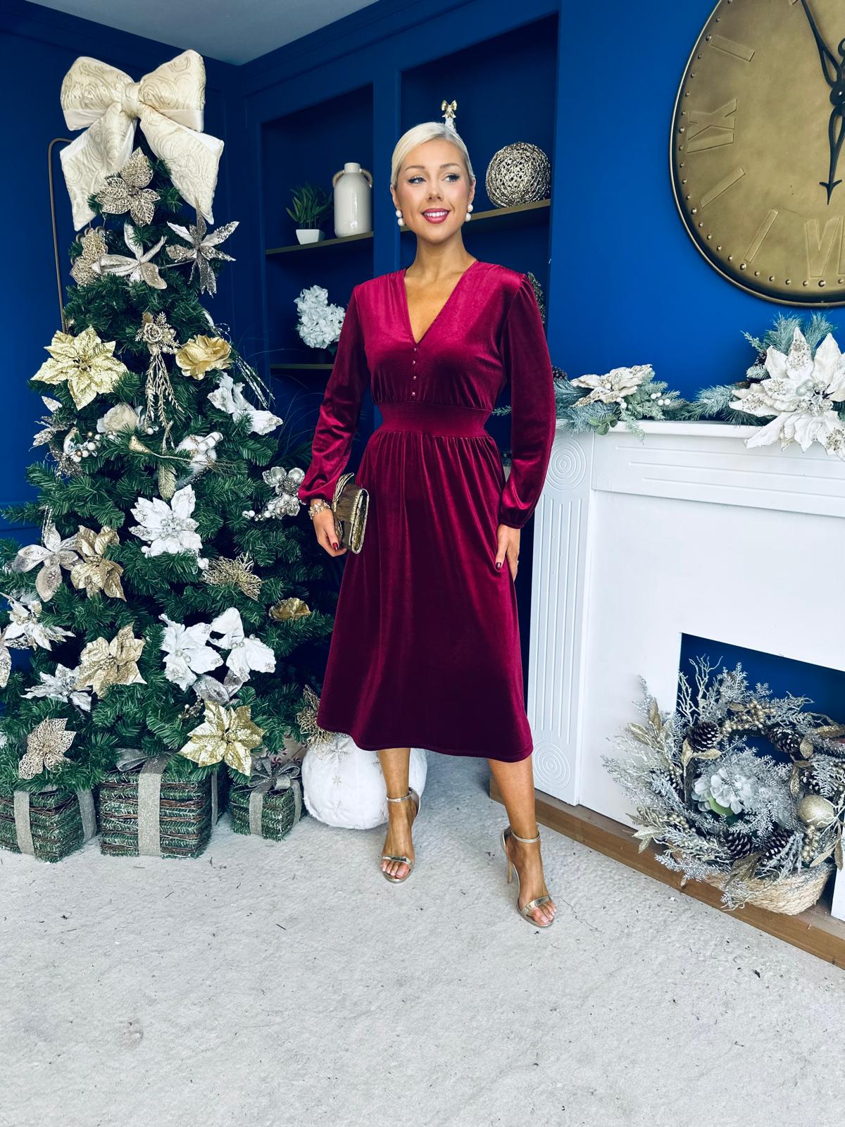 Blaithin Button Detail Detail Midi Dress Velvet Wine