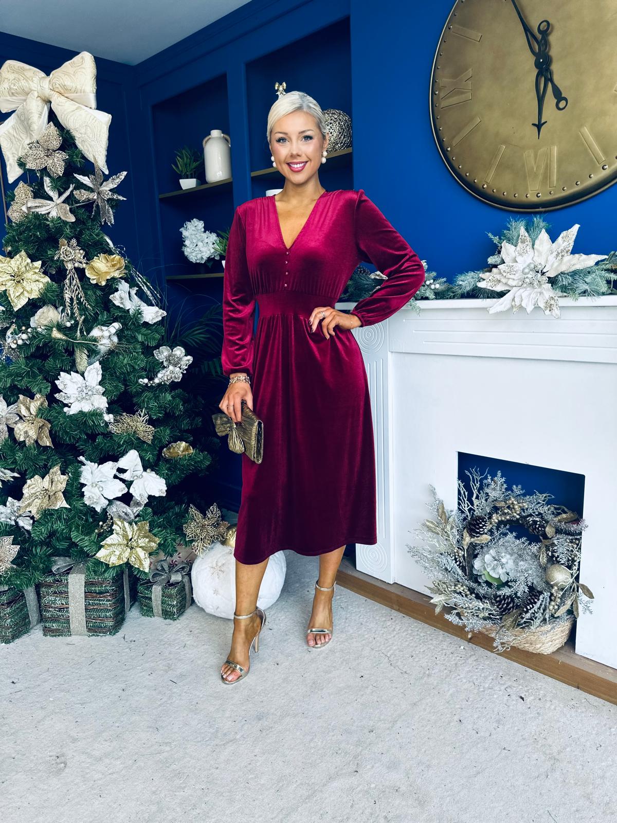 Blaithin Button Detail Detail Midi Dress Velvet Wine