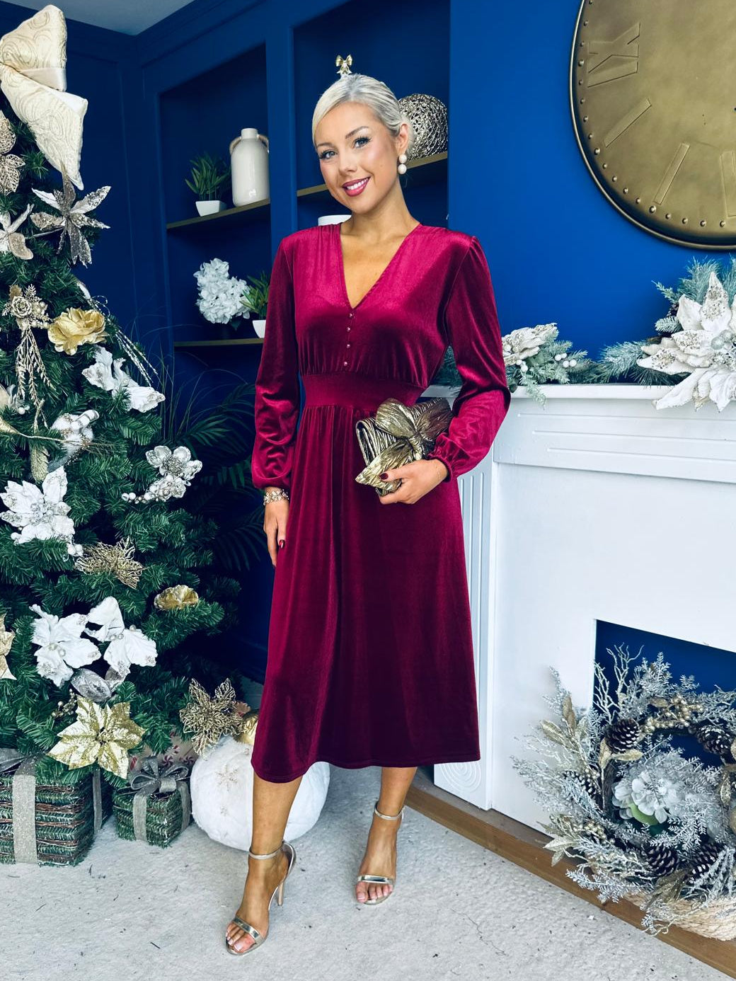 Blaithin Button Detail Detail Midi Dress Velvet Wine