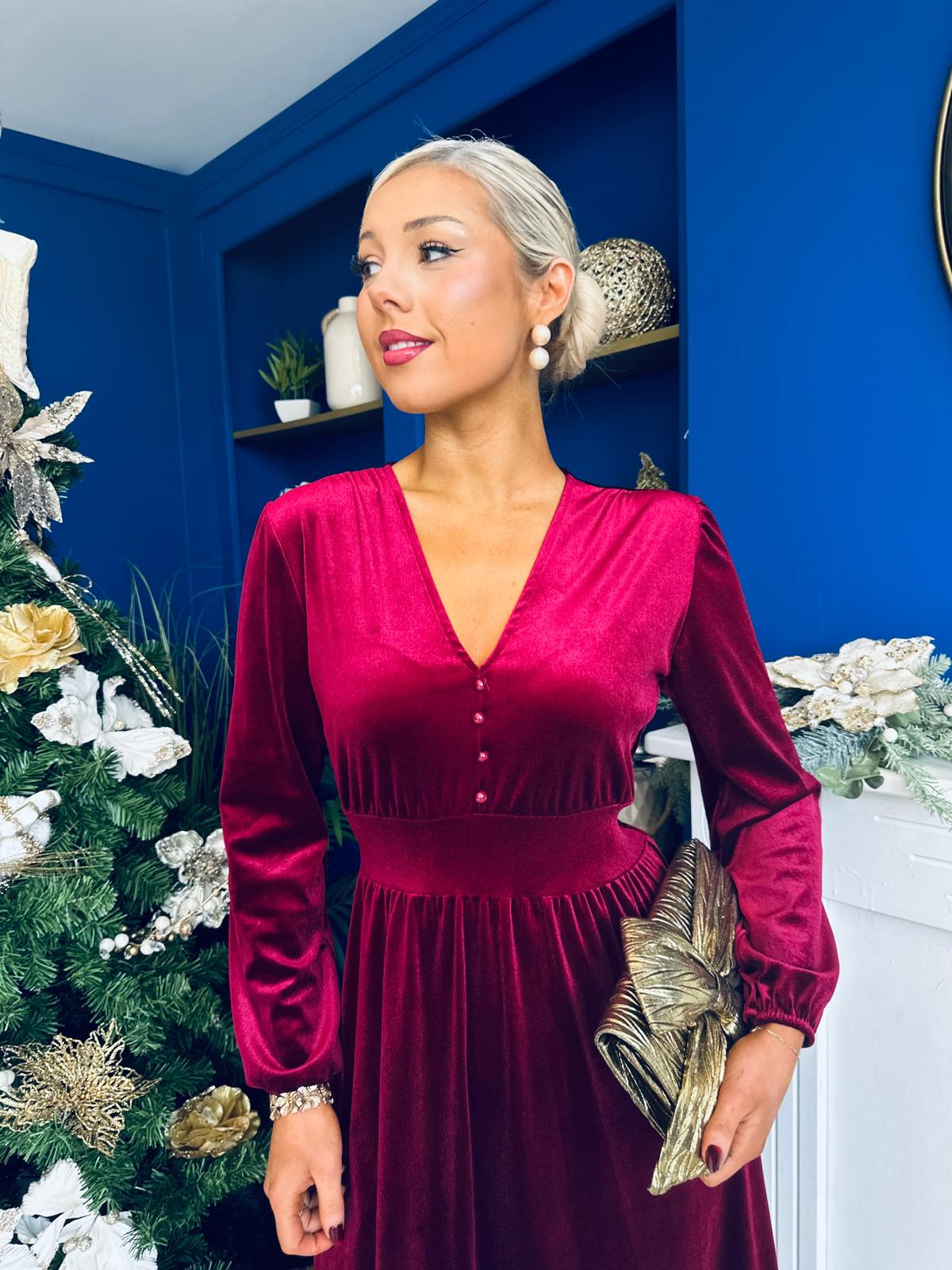 Blaithin Button Detail Detail Midi Dress Velvet Wine
