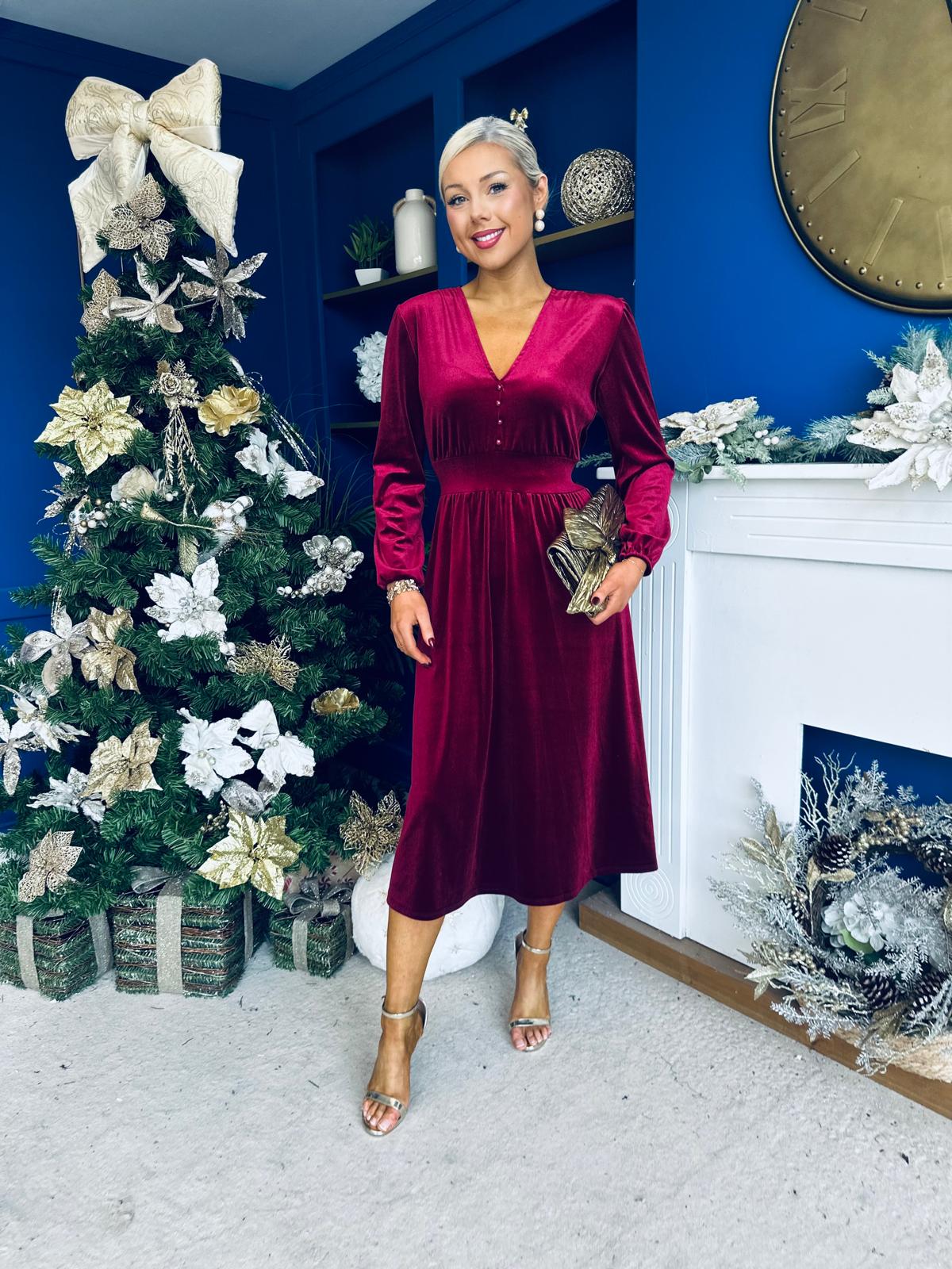 Blaithin Button Detail Detail Midi Dress Velvet Wine