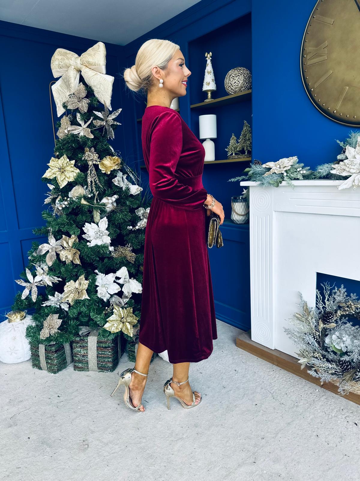 Blaithin Button Detail Detail Midi Dress Velvet Wine