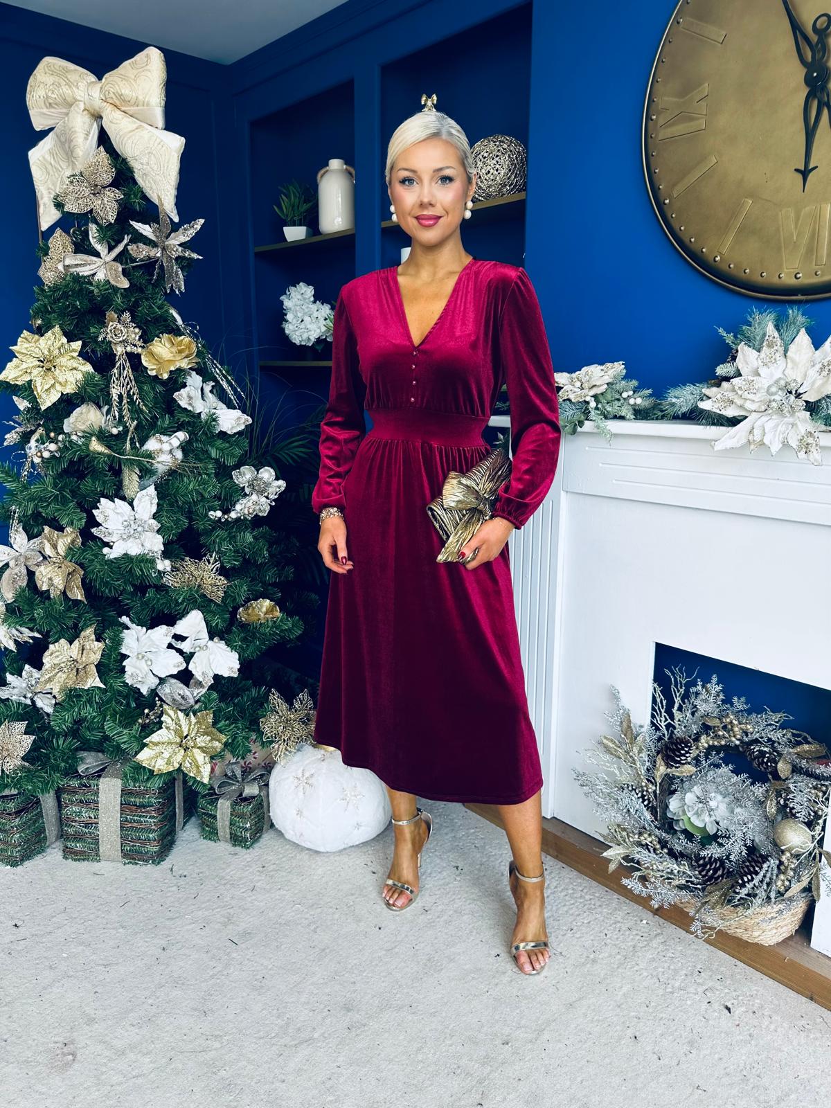 Blaithin Button Detail Detail Midi Dress Velvet Wine
