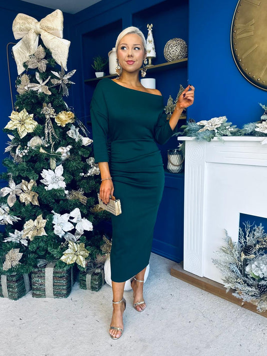 Cliona Asymmetric Ruched Occasion Dress Forest