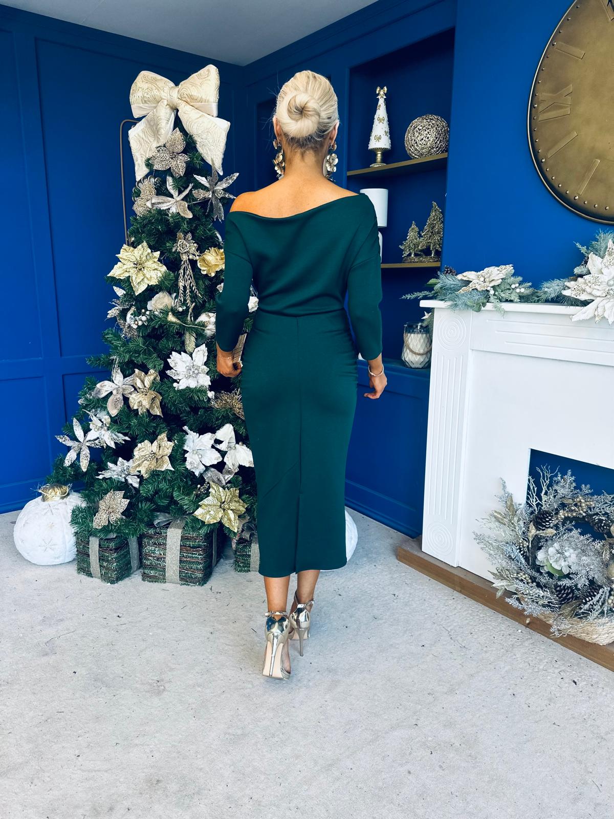 Cliona Asymmetric Ruched Occasion Dress Forest