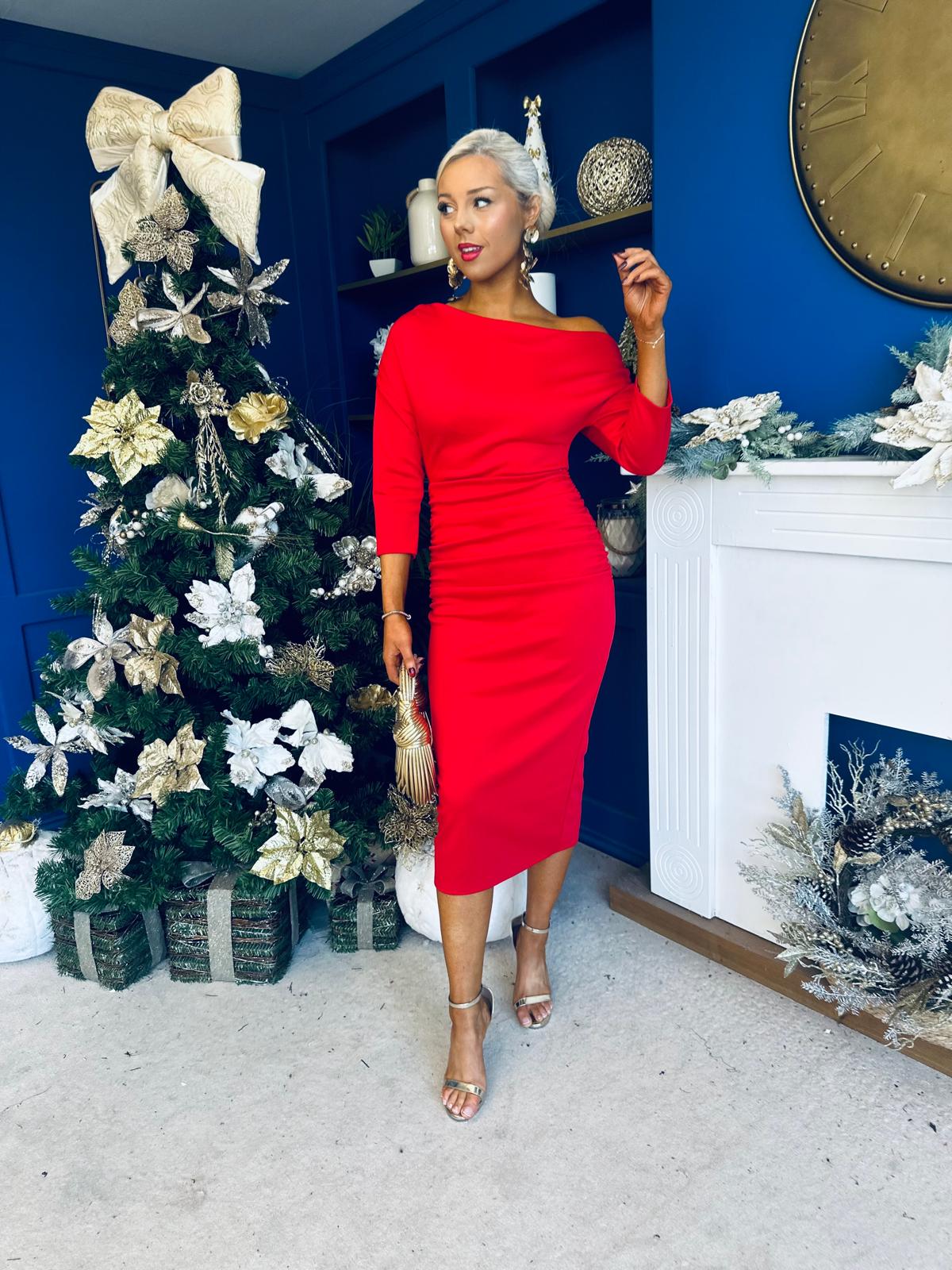 Cliona Asymmetric Ruched Occasion Dress Red
