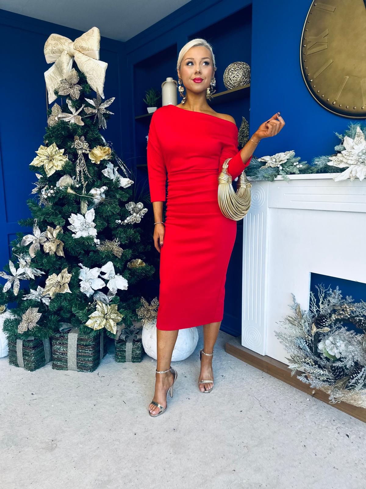 Cliona Asymmetric Ruched Occasion Dress Red