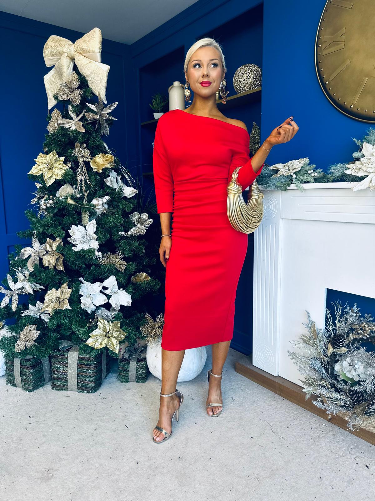 Cliona Asymmetric Ruched Occasion Dress Red