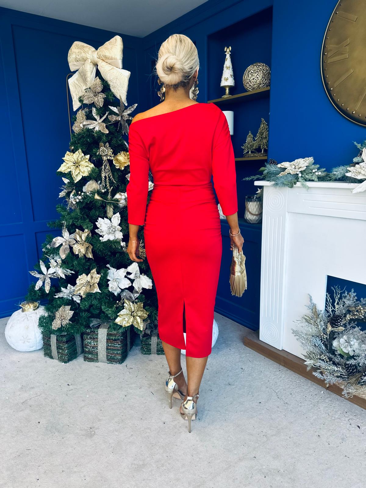 Cliona Asymmetric Ruched Occasion Dress Red