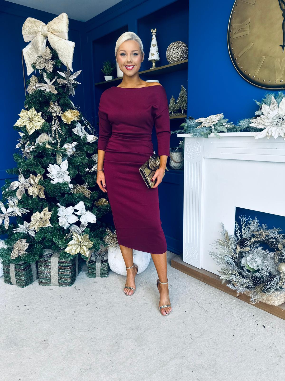 Cliona Asymmetric Ruched Occasion Dress Wine