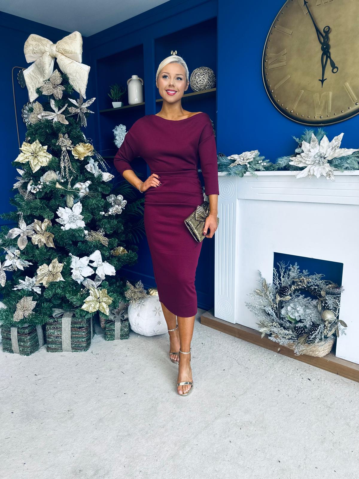Cliona Asymmetric Ruched Occasion Dress Wine