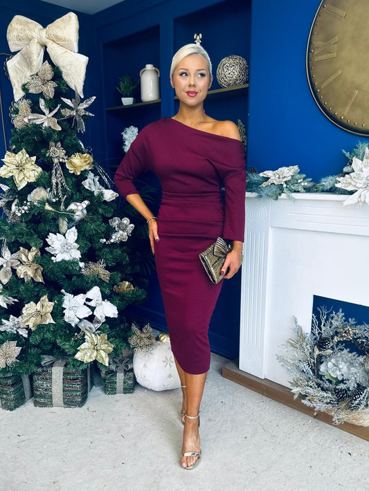 Cliona Asymmetric Ruched Occasion Dress Wine
