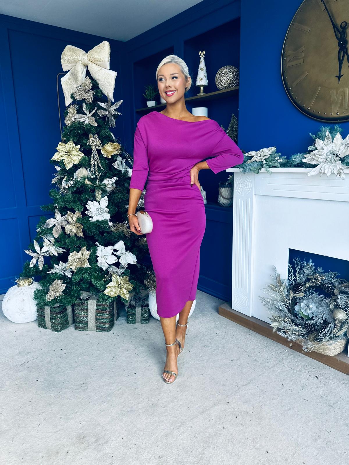 Cliona Asymmetric Ruched Occasion Dress Orchid