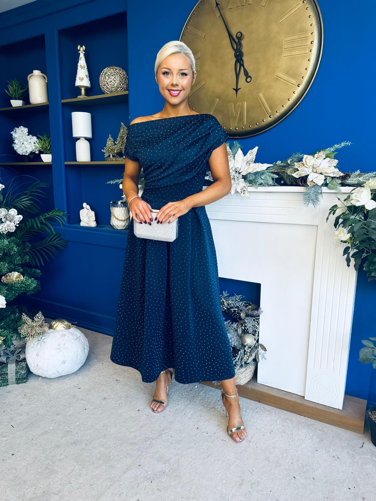 Breffy Asymmetric Neckline Studded Midi Navy
