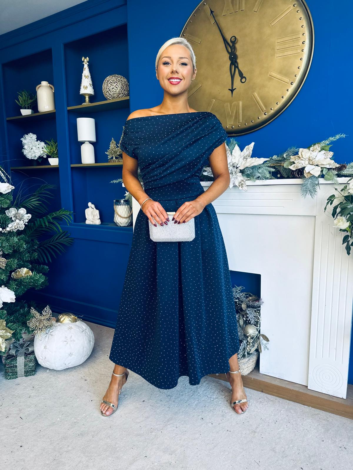 Breffy Asymmetric Neckline Studded Midi Navy