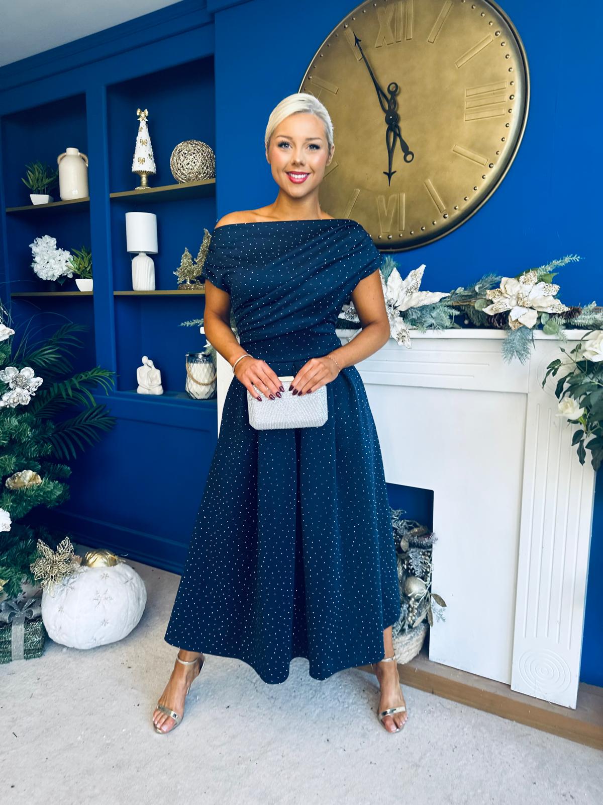 Breffy Asymmetric Neckline Studded Midi Navy