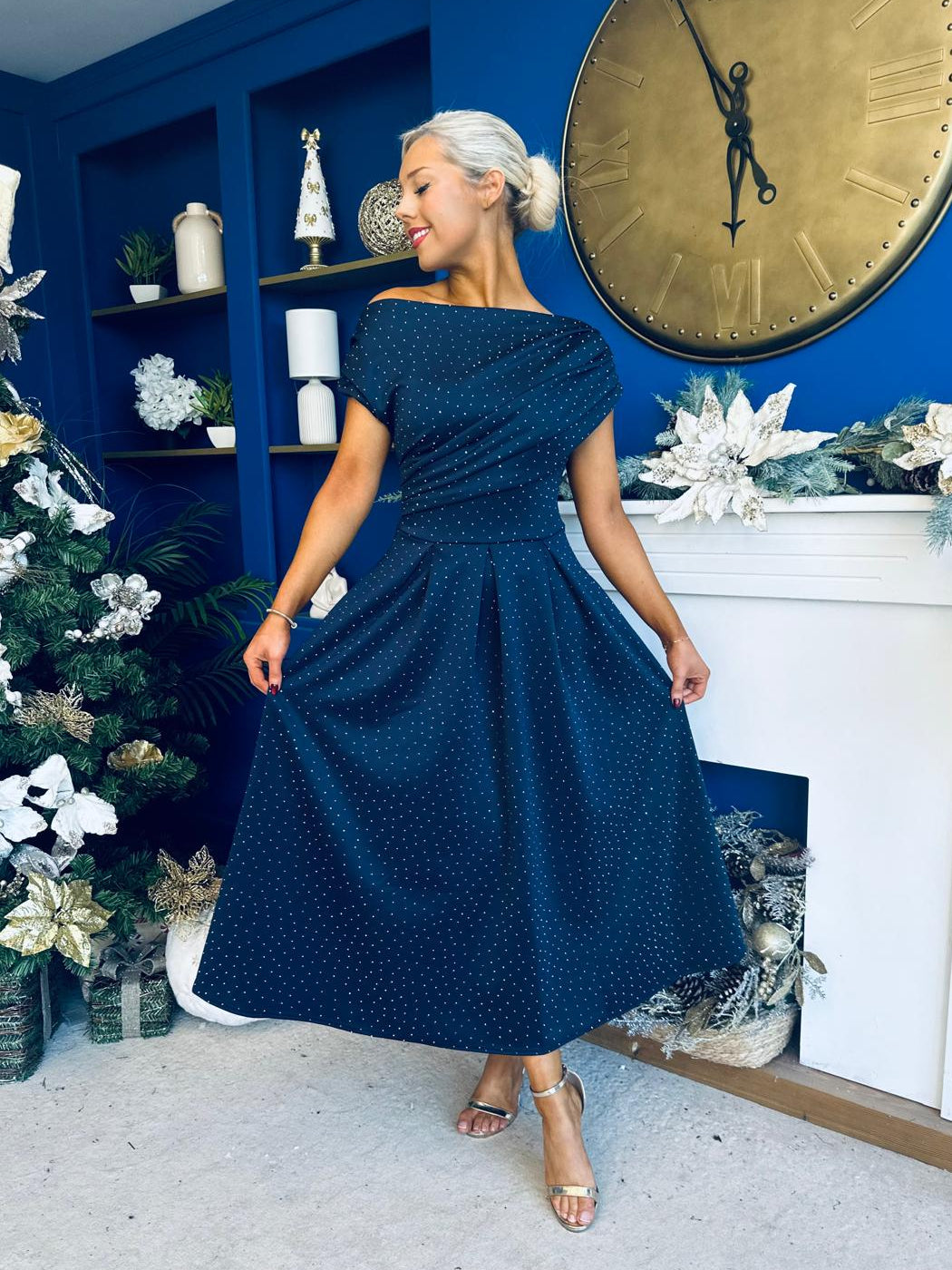 Breffy Asymmetric Neckline Studded Midi Navy
