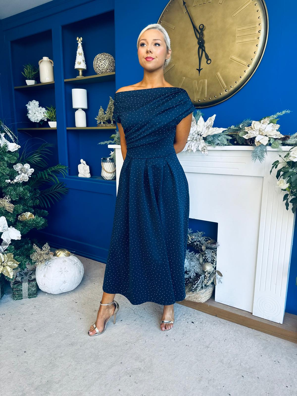 Breffy Asymmetric Neckline Studded Midi Navy