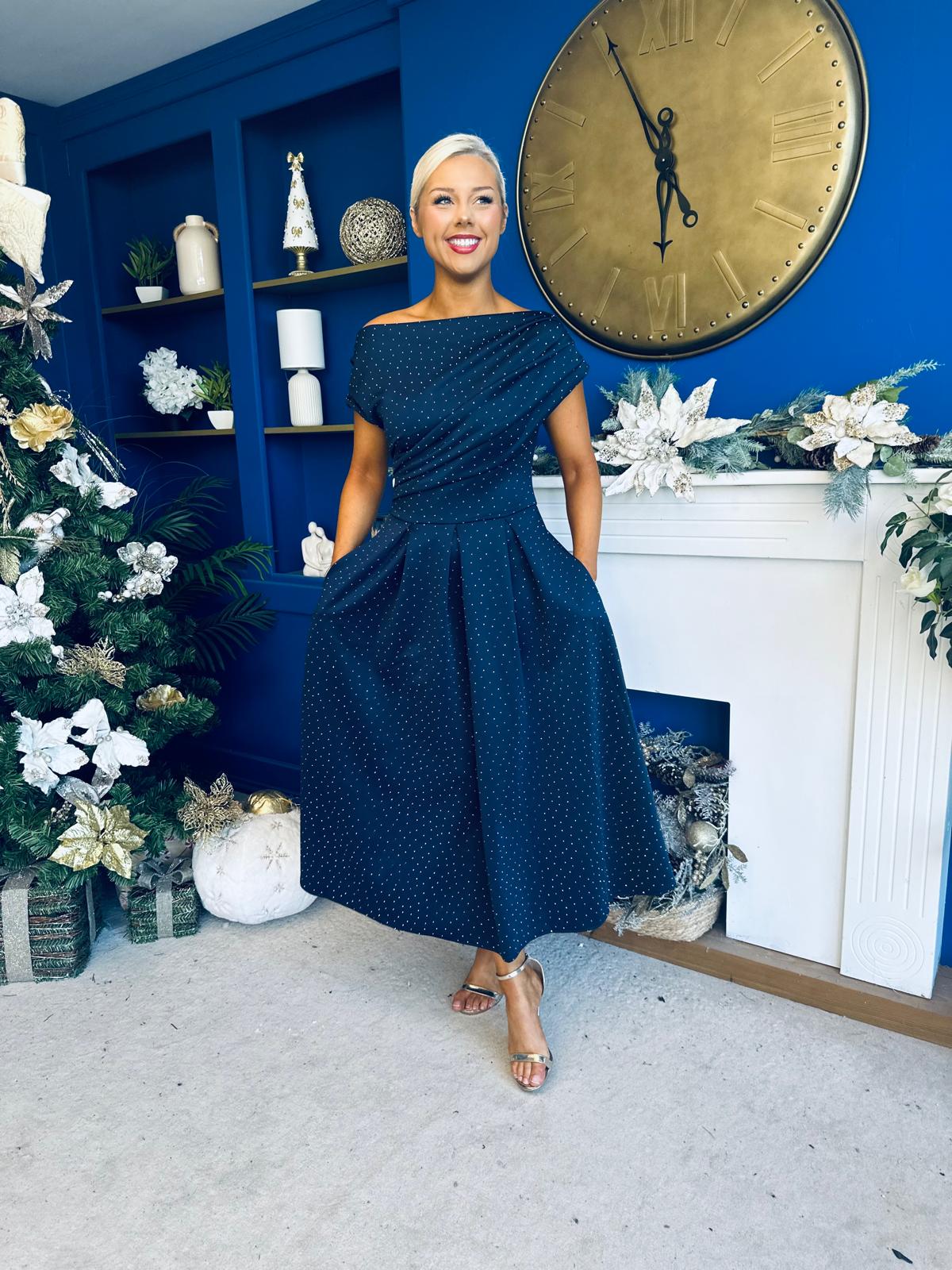Breffy Asymmetric Neckline Studded Midi Navy