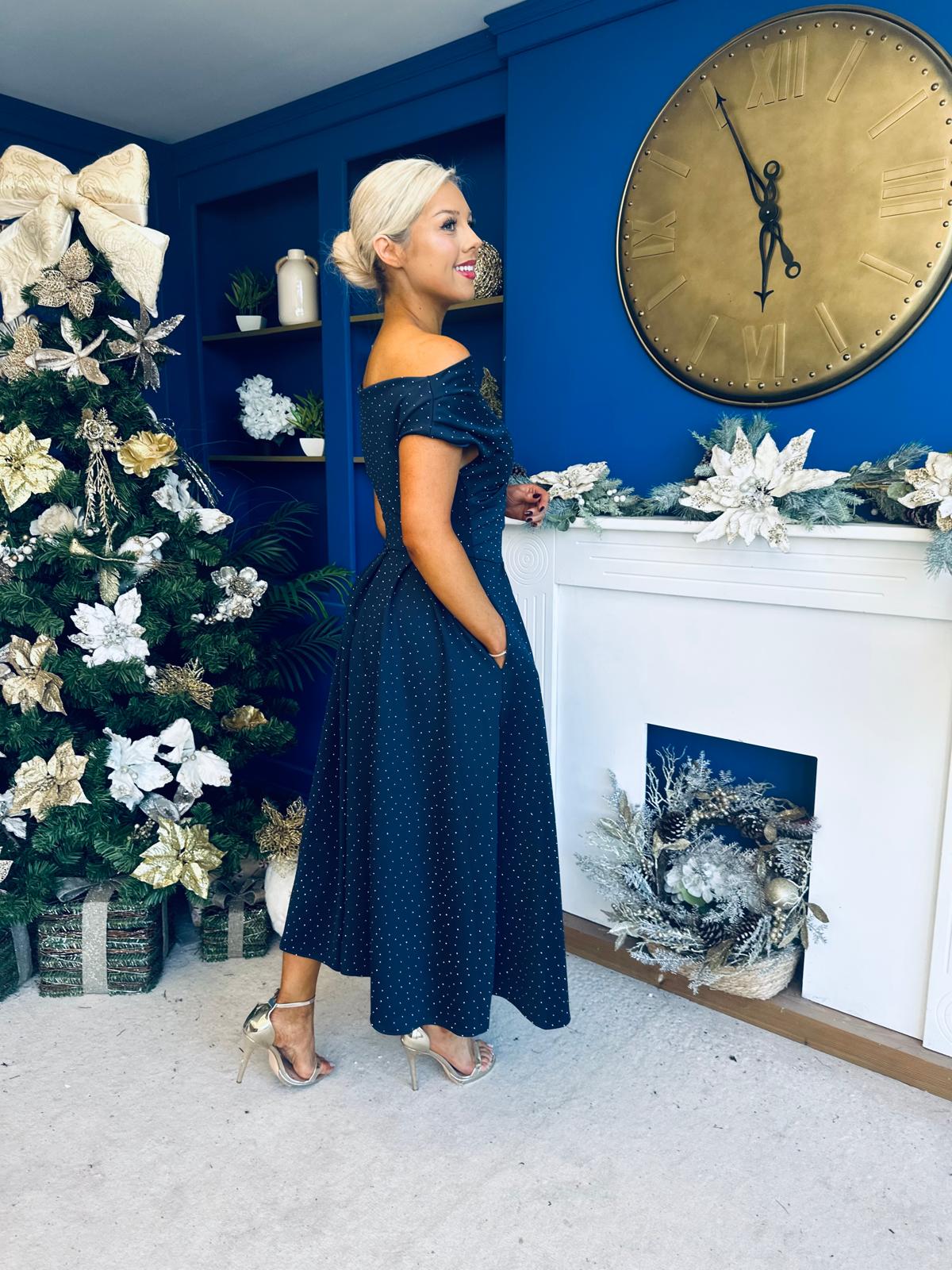 Breffy Asymmetric Neckline Studded Midi Navy