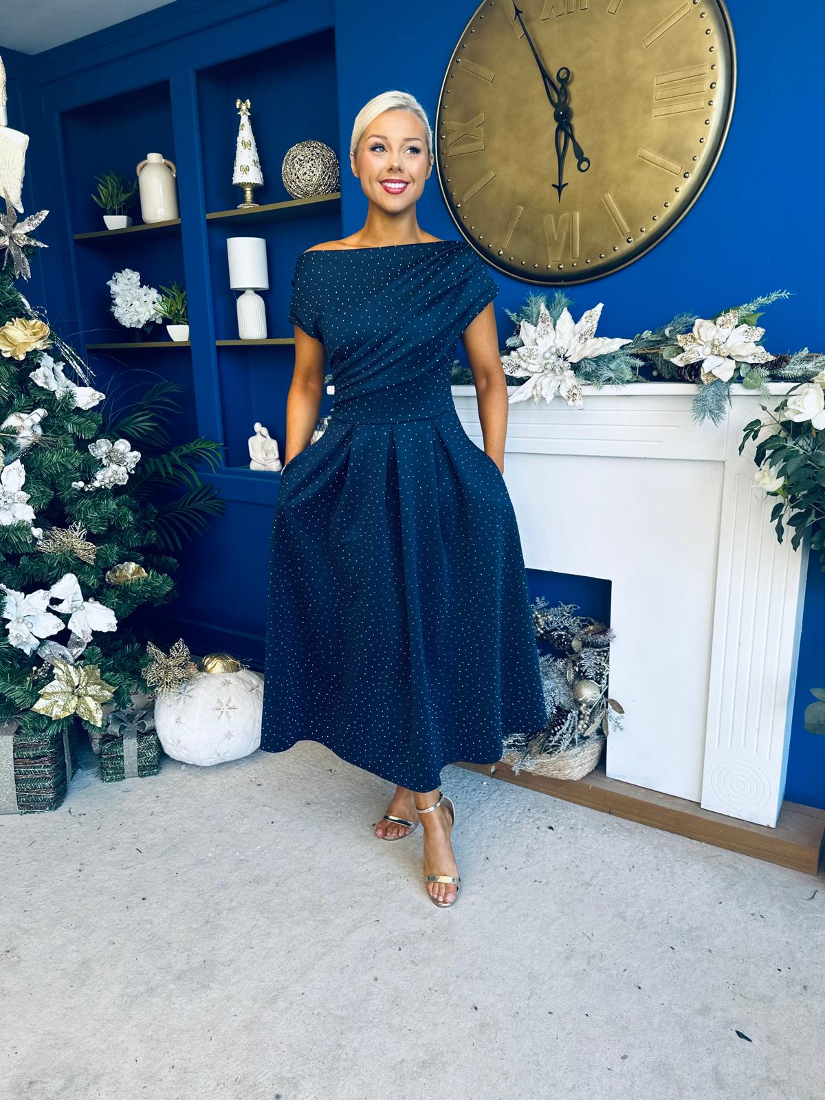 Breffy Asymmetric Neckline Studded Midi Navy