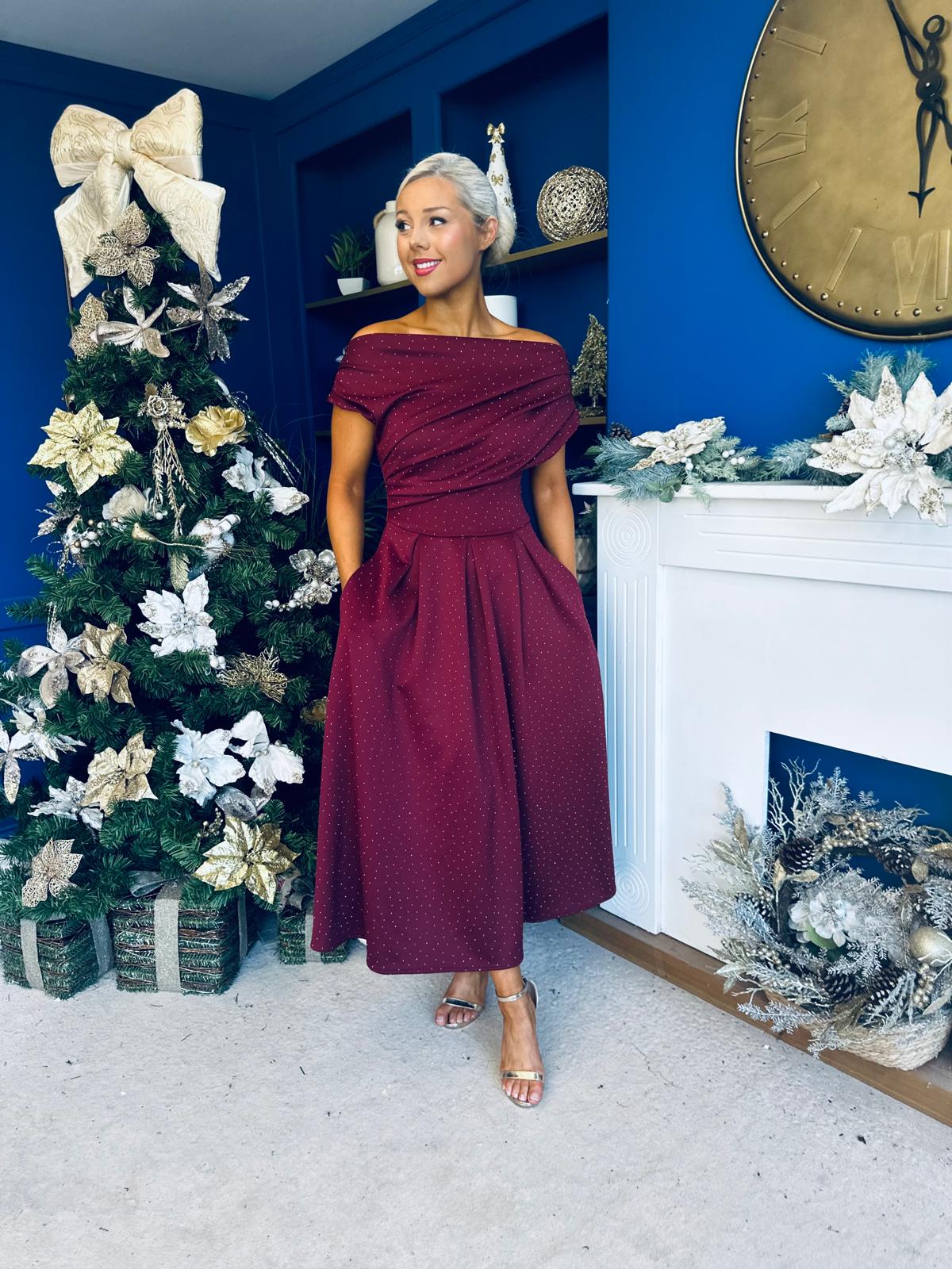 Breffy Asymmetric Neckline Studded Midi Wine