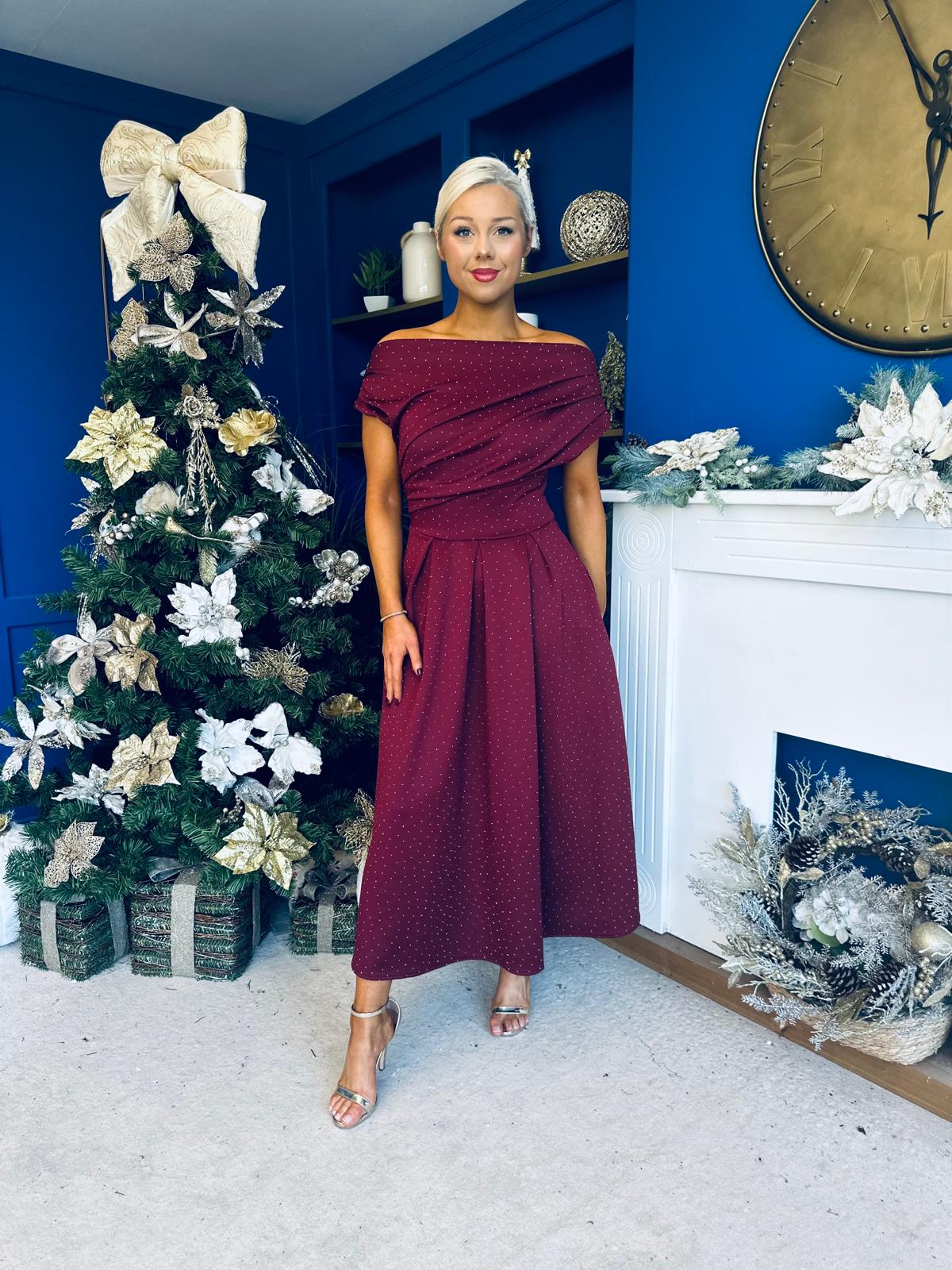 Breffy Asymmetric Neckline Studded Midi Wine