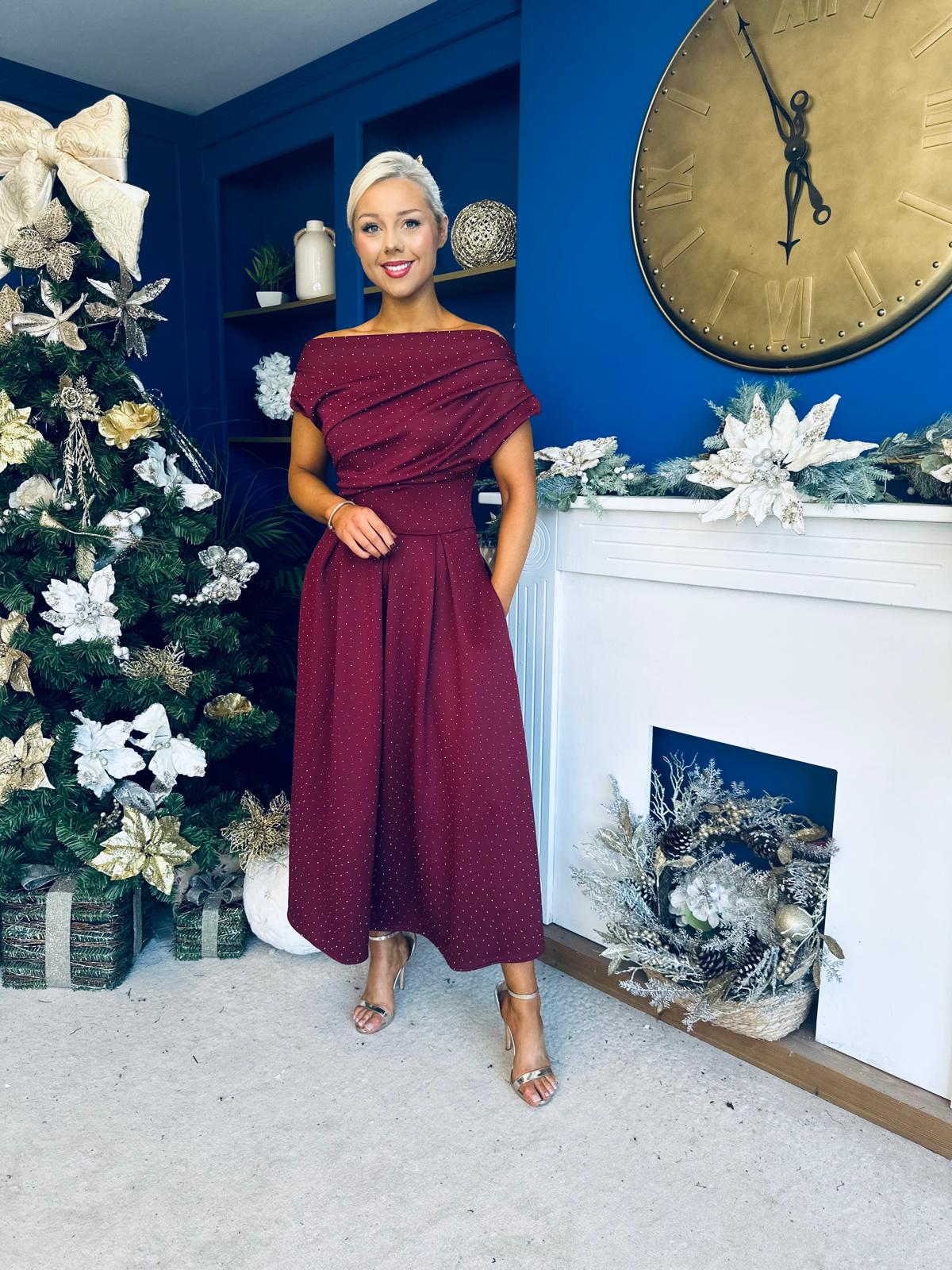 Breffy Asymmetric Neckline Studded Midi Wine