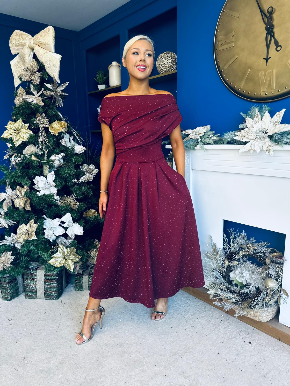 Breffy Asymmetric Neckline Studded Midi Wine