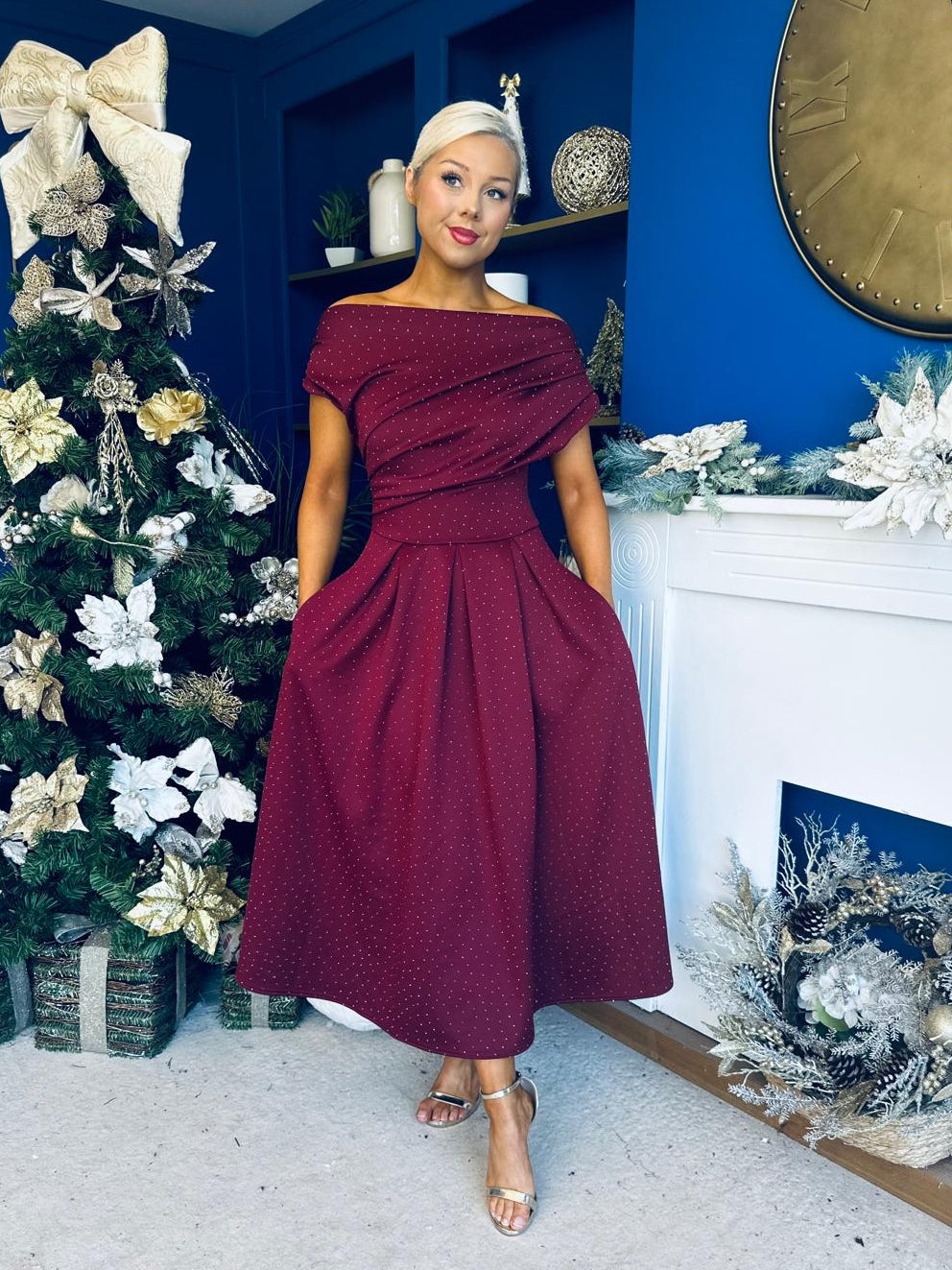 Breffy Asymmetric Neckline Studded Midi Wine