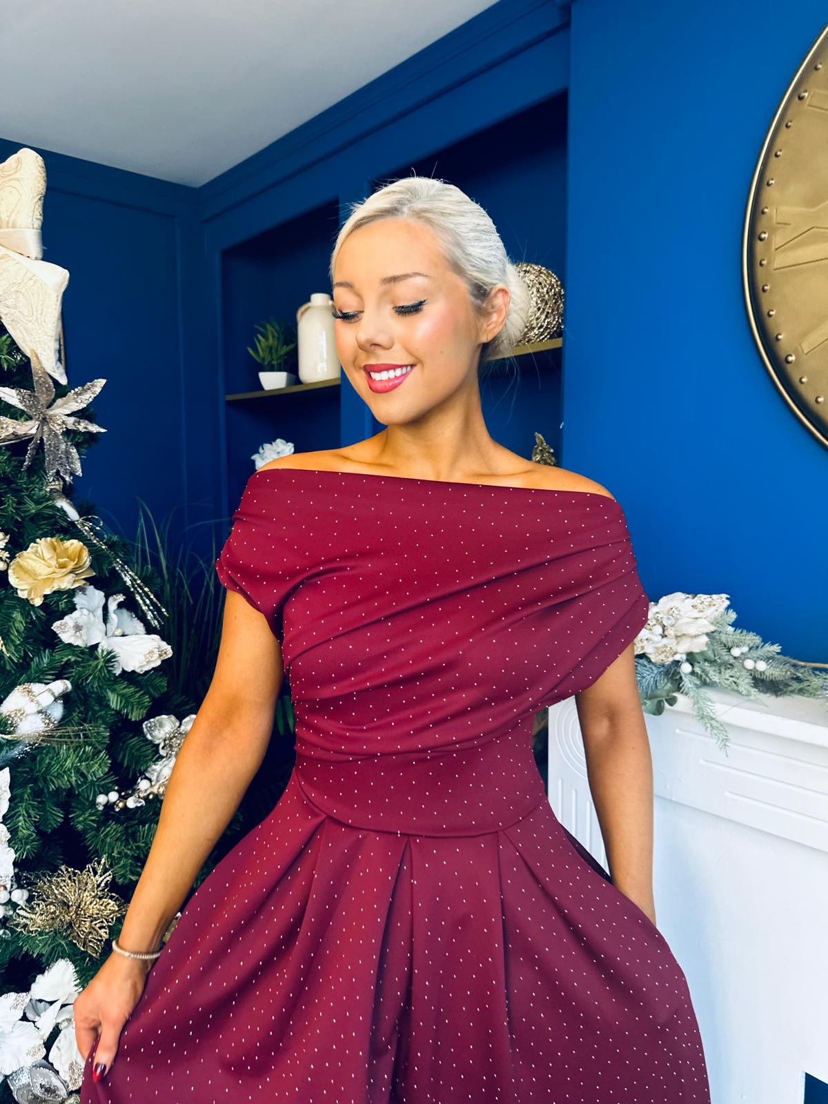 Breffy Asymmetric Neckline Studded Midi Wine