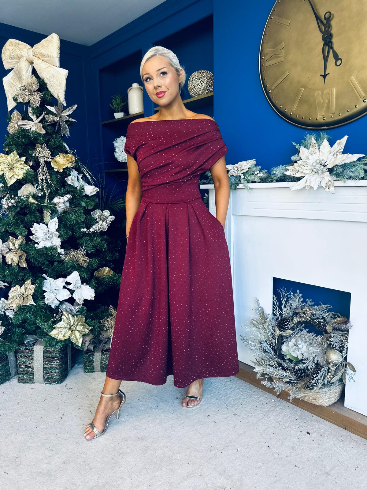 Breffy Asymmetric Neckline Studded Midi Wine