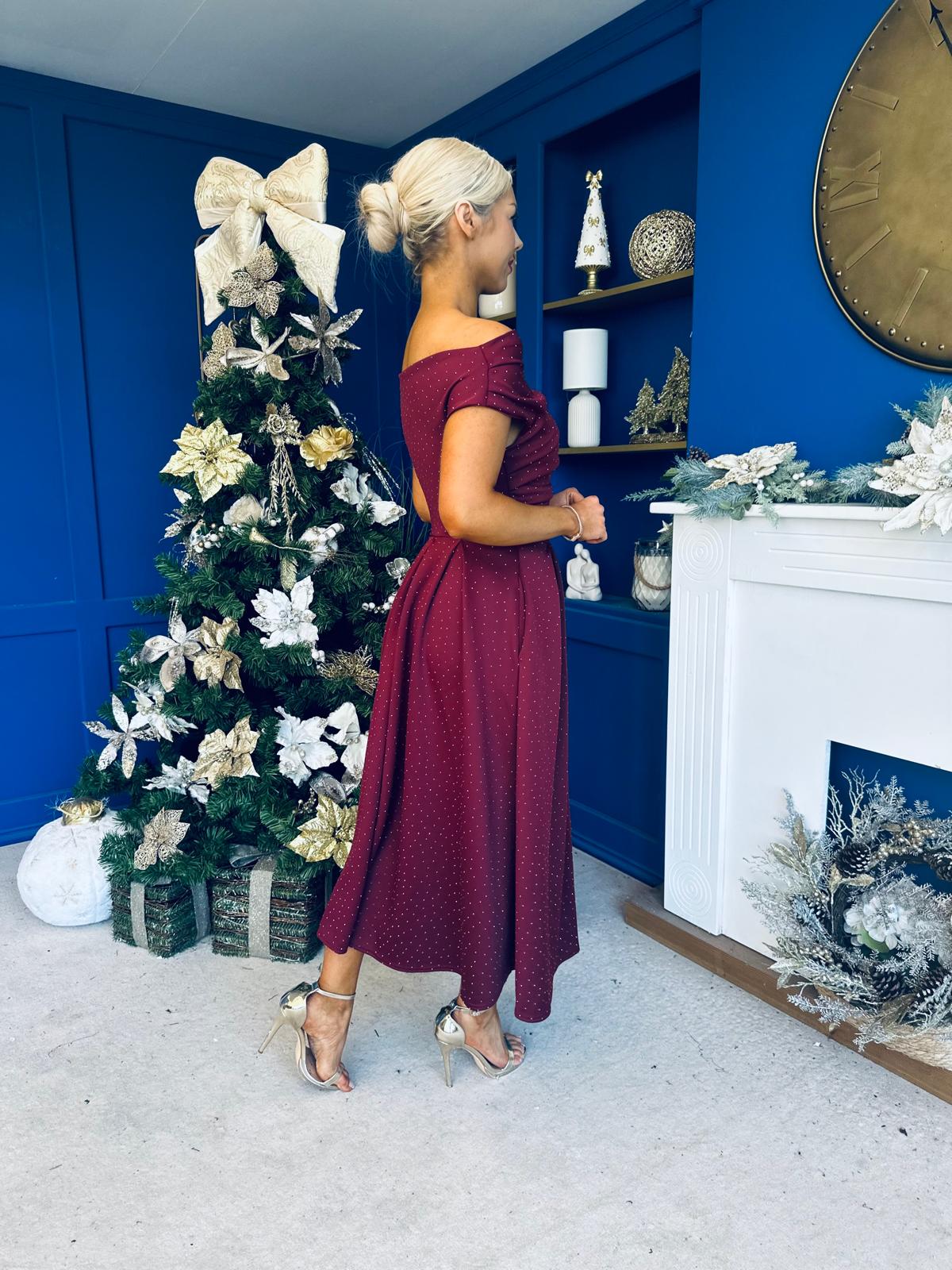 Breffy Asymmetric Neckline Studded Midi Wine