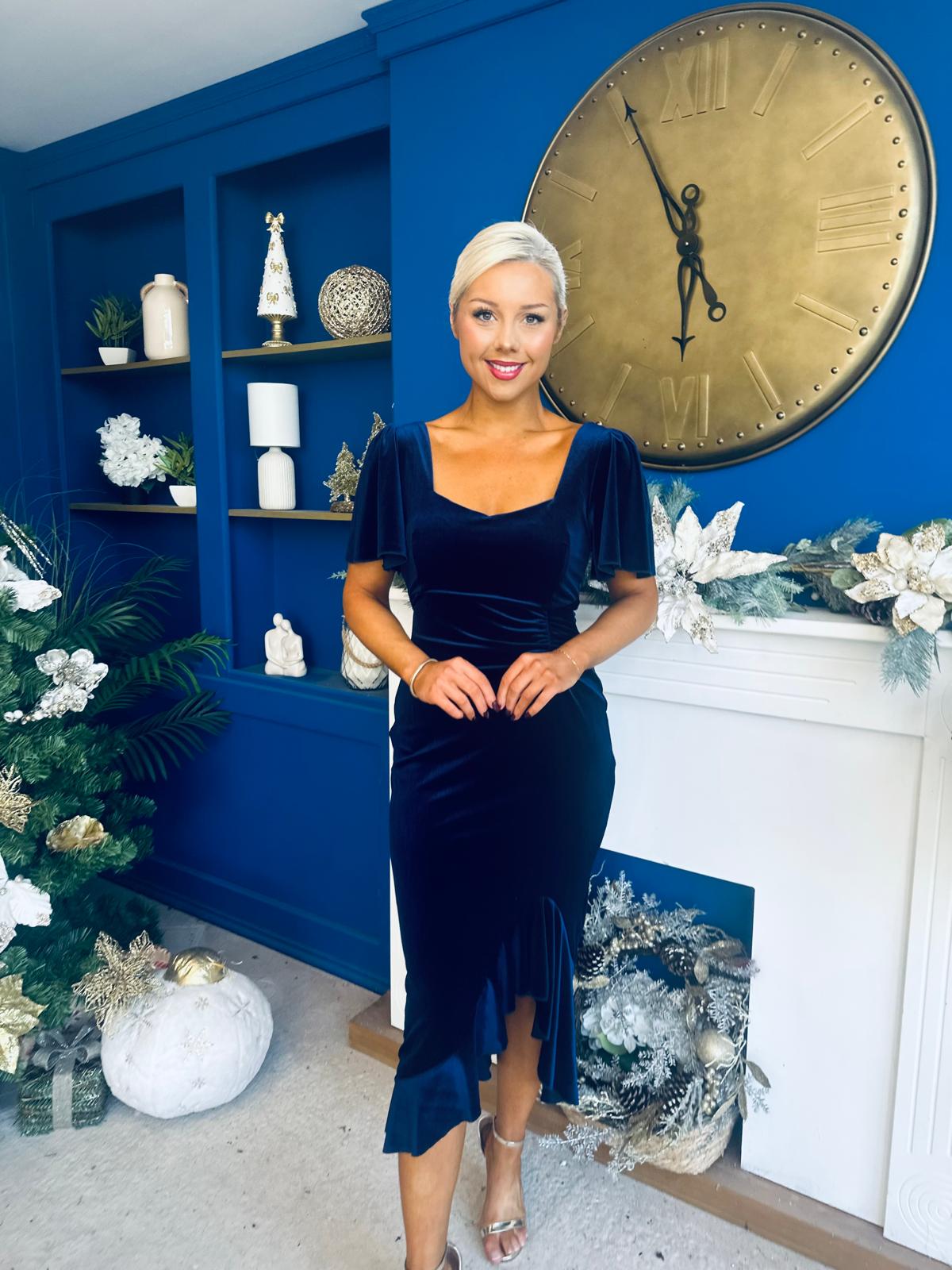 Leona Square Neck Frill Midi Dress Navy Velvet