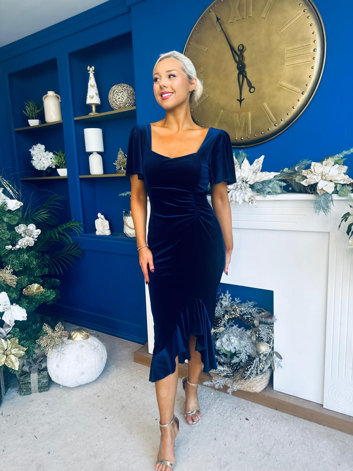 Leona Square Neck Frill Midi Dress Navy Velvet