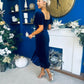 Leona Square Neck Frill Midi Dress Navy Velvet