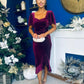 Leona Square Neck Frill Midi Dress Wine Velvet